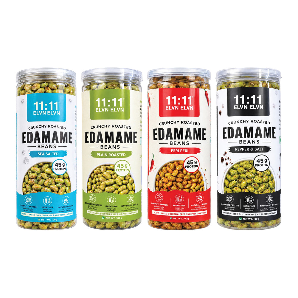 Roasted Edamame Beans Assorted Pack: Sea Salted, Plain Roasted, Peri Peri and Pepper & Salt jars