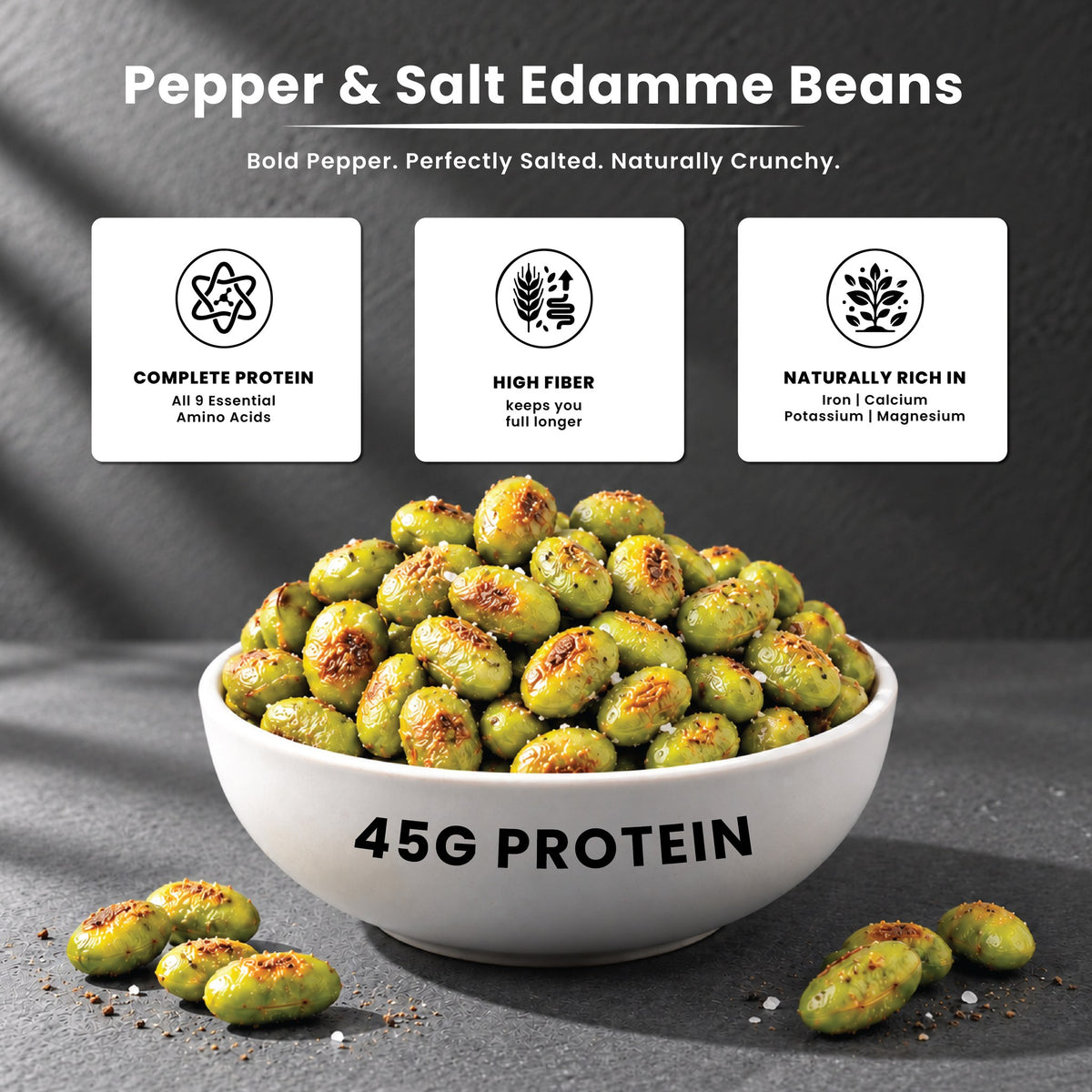 Roasted Edamame Beans Pepper & Salt: bowl of beans, 45 g protein per 100 g