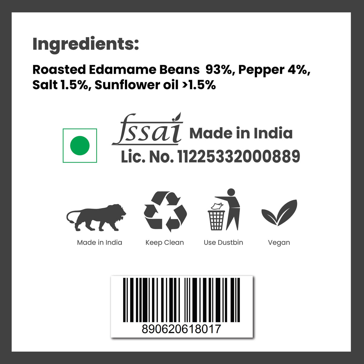 Roasted Edamame Beans Pepper & Salt: ingredients and FSSAI licence