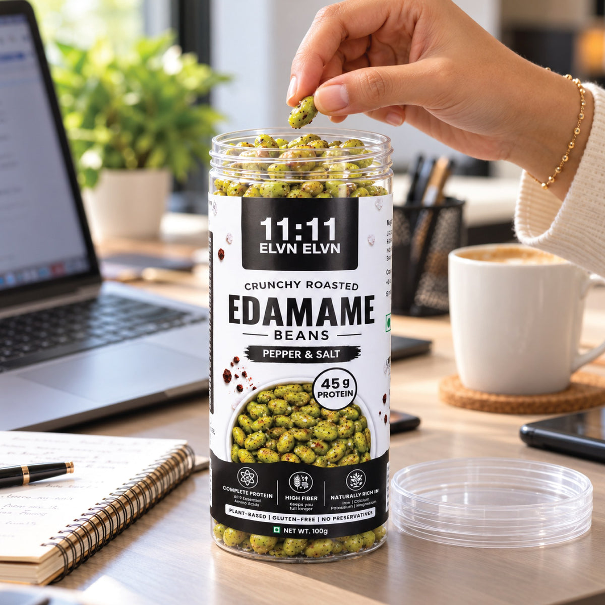 Roasted Edamame Beans Pepper & Salt: jar in everyday use