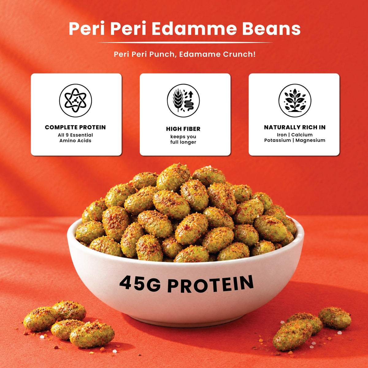 Roasted Edamame Beans Peri Peri: bowl of beans, 45 g protein per 100 g