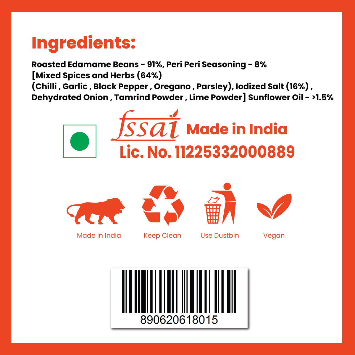 Roasted Edamame Beans Peri Peri: ingredients and FSSAI licence