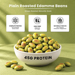 Roasted Edamame Beans Plain Roasted: bowl of beans, 45 g protein per 100 g