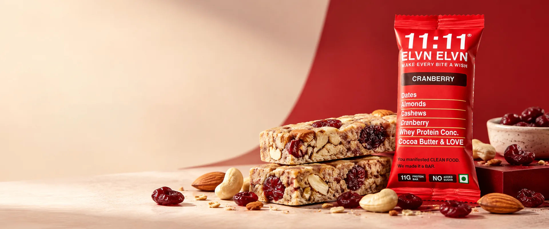 11:11 Elvn Elvn Cranberry protein bar with cranberries, almonds and cashews