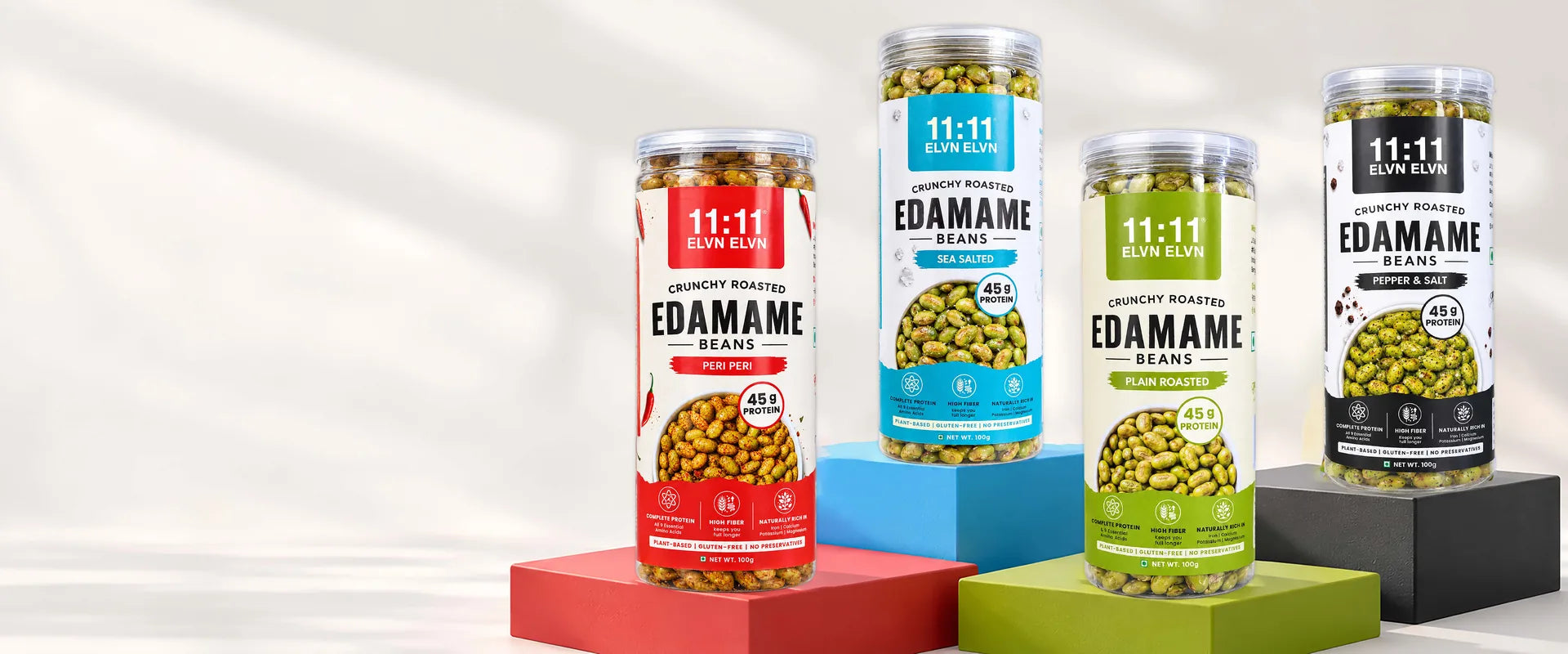 11:11 Elvn Elvn crunchy roasted edamame jars: Peri Peri, Sea Salted, Plain Roasted and Pepper & Salt