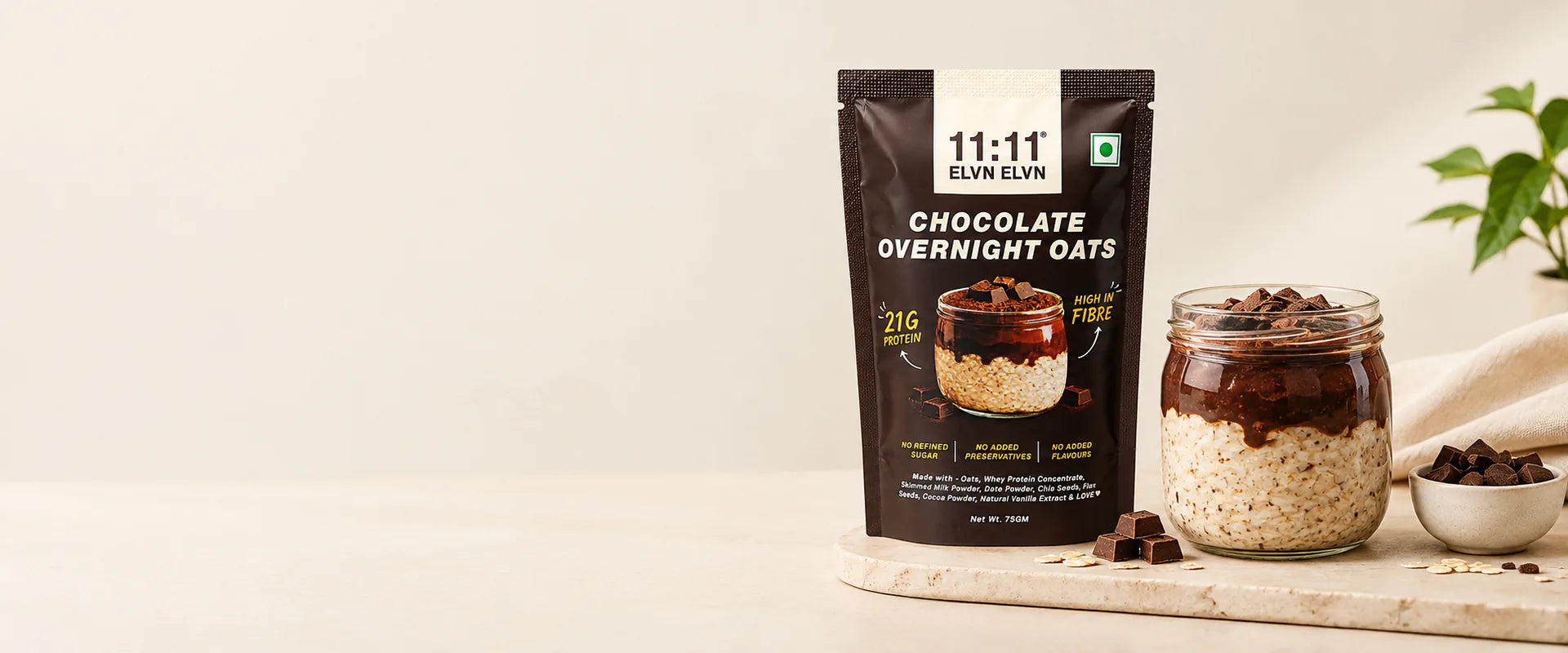 11:11 Elvn Elvn Chocolate Overnight Oats pouch next to a jar of overnight oats
